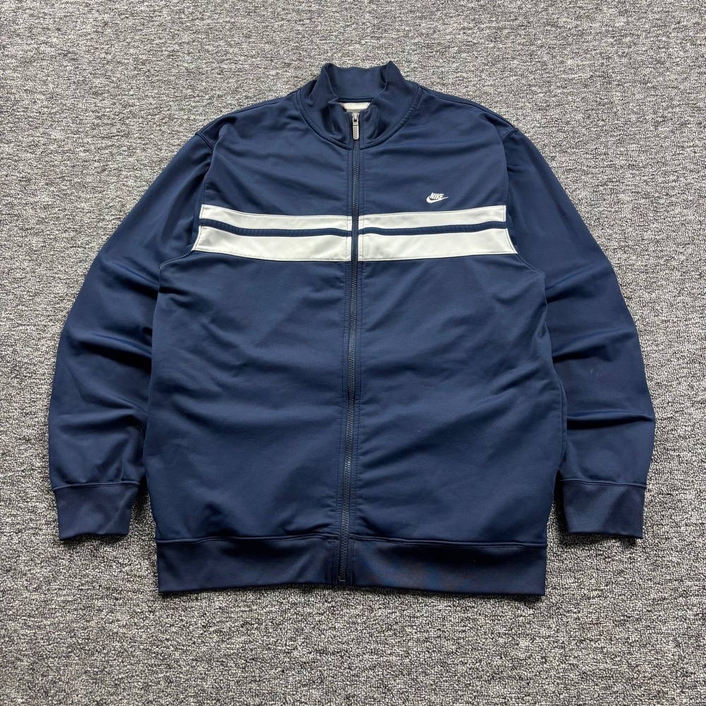 Y2K 2000s Nike Full Zip Striped Track Jacket Navy Blue/White Mens Size XL